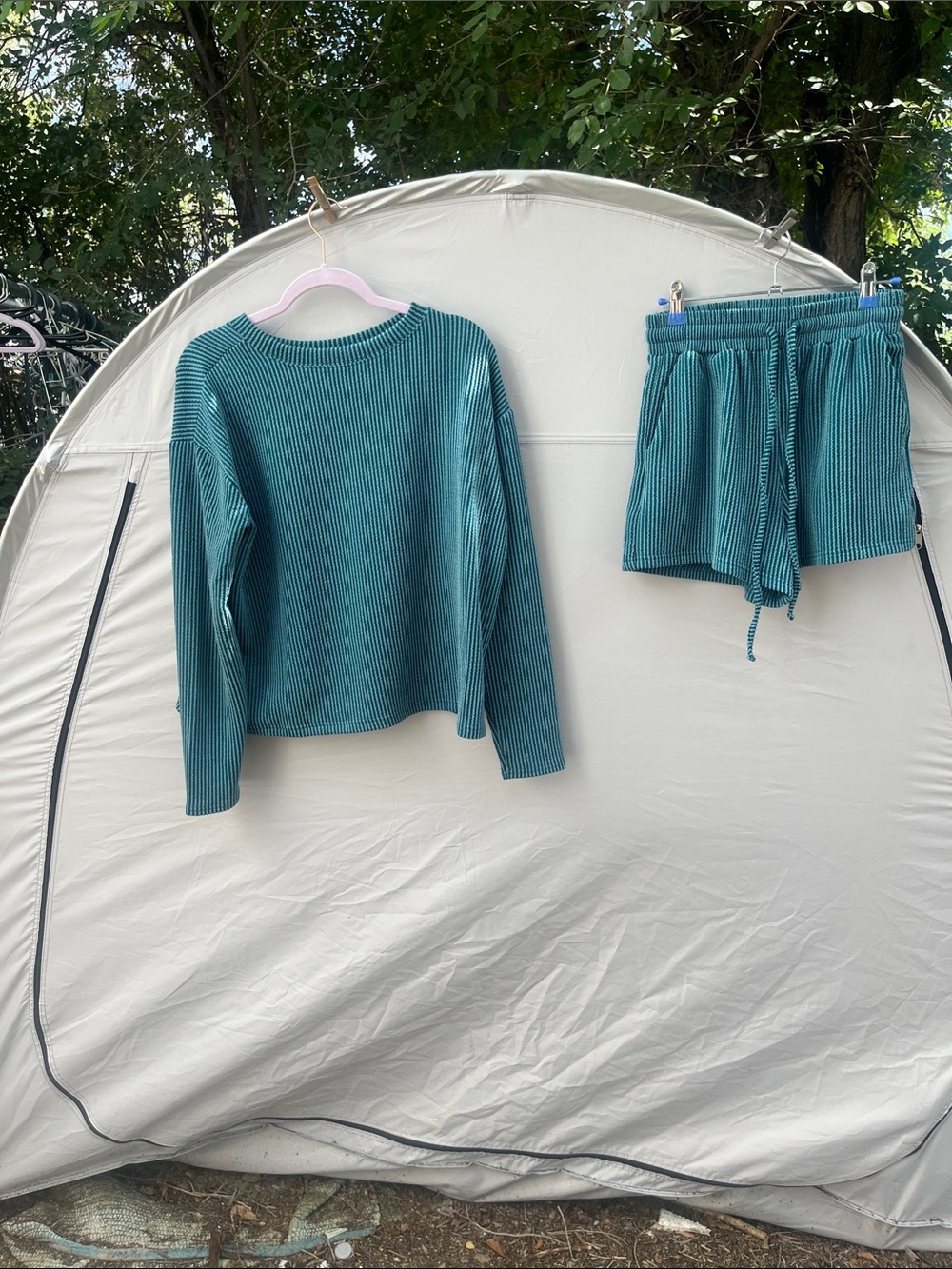 Zenana Outfitters Teal Ribbed Long Sleeve Top and Matching Shorts Set